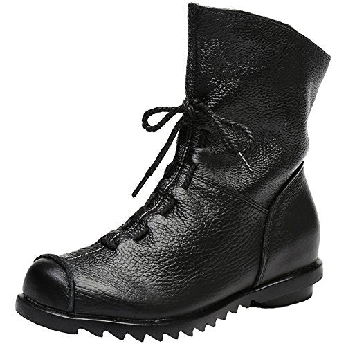 Clarsunny Women's Leather Casual Soft Flat Boots (10.5, Brown- Fur-lined)