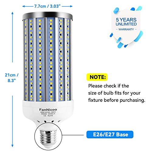 FanNicoo 2 Pack 500W Equivalent LED Corn Light Bulb 5500 Lumen 6500K 60W Large Area Cool Daylight White E26/E27 Medium Base for Outdoor Indoor Garage Warehouse Factory Workshop Street Backyard