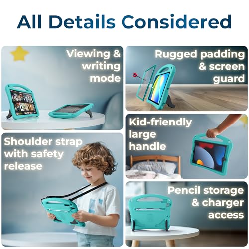 Bam Bino Space Suit iPad 9th Generation Case Kids, iPad 8th/7th/10.2 inch iPad Case for Kids | Lightweight Cover with Screen Protector, Handle, Stand, Shoulder Strap, Pencil Holder (Turquoise)