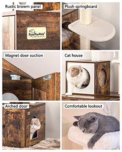 FourFurPets Multipurpose Litter Box Enclosure, Cat Tree and Condo, Side Table, with Large Platform, Cat House, Full Sisal Posts, Removable Washable Cushion, Rustic Brown