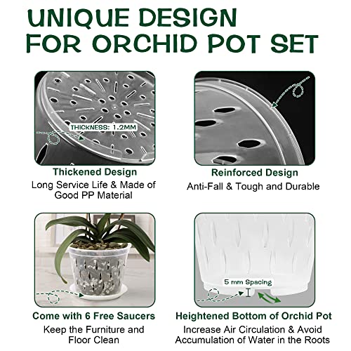 Kitypartsy Orchid Pot, 5 Inch 6 Pack Orchid Pots with Holes and Saucers, Clear Plastic Orchid Pots