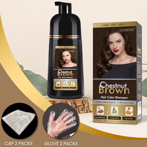 COSMTEK Chestnut Brown Hair Dye Shampoo Permanent for Men&Women,Instant Hair Color Shampoo for Gray Hair Coverage and Beard,3-In-1 Shampoo for Color Hair,500ml/No Ammonia