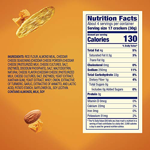 Blue Diamond Gluten Free Almond Nut-Thins Cracker Crisps, Cheddar Cheese, 4.25 Ounce