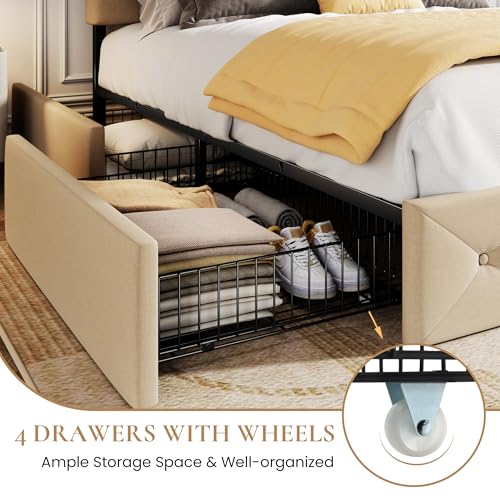 SHA CERLIN Upholstered King Size Platform Bed Frame with 4 Storage Drawers, Adjustable Headboard with Diamond Stitched Button Tufted Design, Wooden Slat Support, No Box Spring Needed, Black