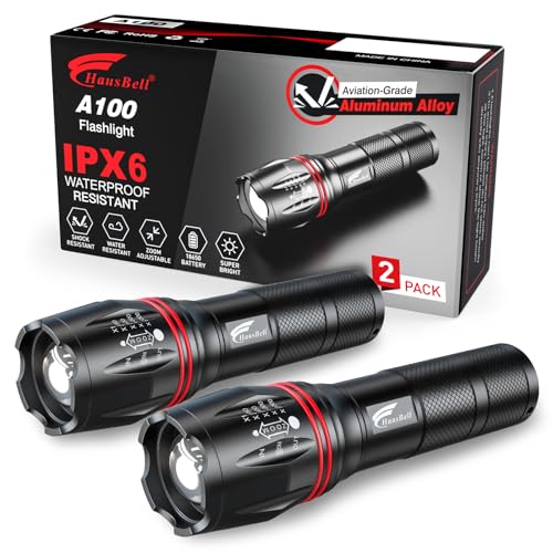 HAUSBELL T8 Upgraded LED Flashlight Bright, Zoomable Tactical LED Flashlights Flash Light with High Lumens and Five Modes and Camping Accessories, 2 Pack