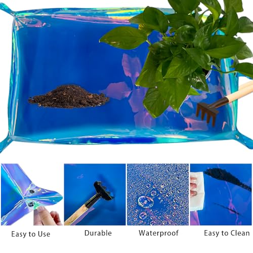 ONEART | Holographic Transparent Plant Repotting Mat Iridescent PVC Waterproof Planting Mat Indoor Outdoor Transplanting Tray Pad, 16.9" × 26.3" (Blue)