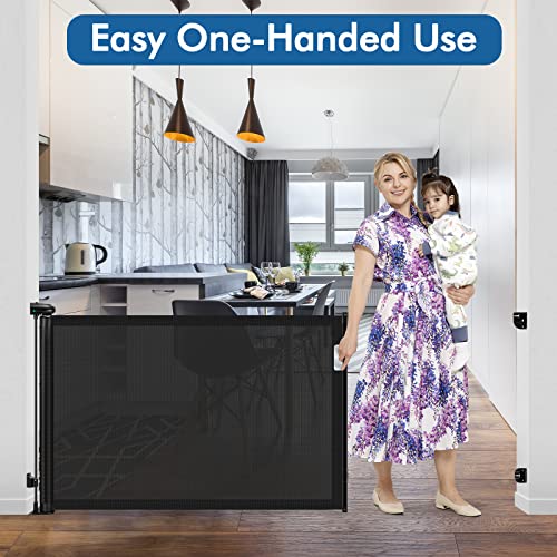 Retractable Baby Gates Extra Wide 70" Wide Retractable Gate Outdoor Dog Gate Indoor Baby Gate Mesh Baby Gate Retractable Gates for Kids or Pets, Outdoor Gates for Decks Baby Gates for Doorways, Black