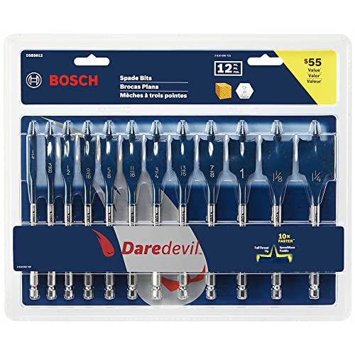 BOSCH DSB5012 12-Piece Assorted Set Daredevil Spade Bits, 1/4 in. Hex Shank Ideal for Fast Drilling Applications in Wood