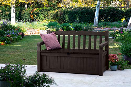 Keter Solana 70 Gallon Storage Bench Deck Box for Patio Furniture, Front Porch Decor and Outdoor Seating – Perfect to Store Garden Tools and Pool Toys, Brown/Brown