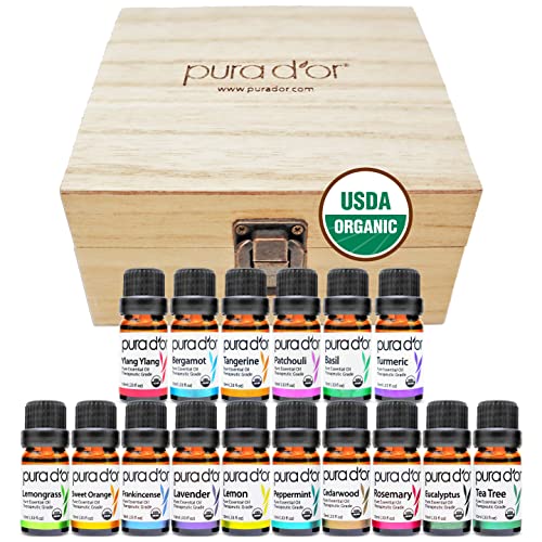 PURA D'OR Organic Perfect10 Essential Oils Set - 10x 10mL Wood Box Aromatherapy Gift Set - 100% Pure Therapeutic Grade for Relaxation and Wellness (Lavender, Peppermint, Eucalyptus, Tea Tree & More)
