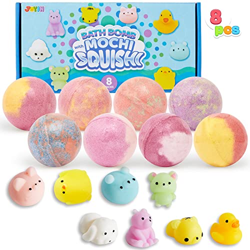 JOYIN 8 Pack Big Bath Bombs for Kids with Mochi Toy, Surprise Toy Inside, Natural Essential Oil SPA Bath Fizzies Set, Kids Safe Party Favors for Boys and Girls