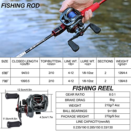 Sougayilang Baitcasting Rod and Reel Combos,Two Pieces Light Weight Pole with High Speed Smooth Powerful Gear Casting Rod Avaliable for Freshwater Saltwater
