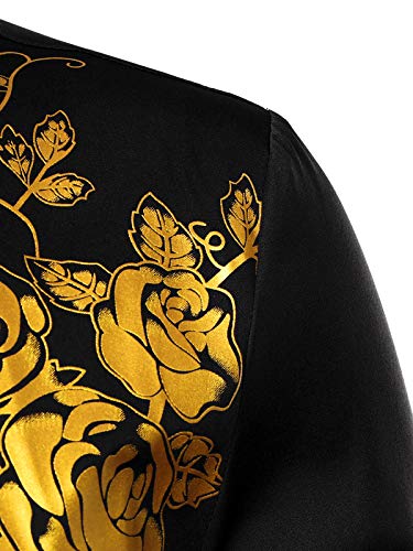 ZEROYAA Men's Hipster Rose Floral Printed Slim Fit Long Sleeve Button Up Party Dress Shirts ZZCL63 Black Pink Medium