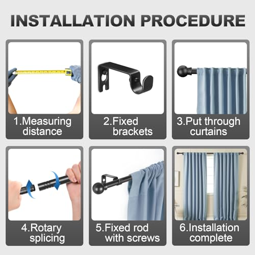 Authandis Matte Black Curtain Rods for Bedroom with Brackets,5/8 Inch Diameter Small Window Curtain Rod 32 to 48 Inches,Easy Install Drapery Rods