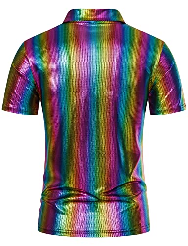 PARKLEES Mens Hipster Metallic Gold Short Sleeve Polo Shirt 70s Disco Nightclub Party T-Shirts US-PPPH85-Silver Medium
