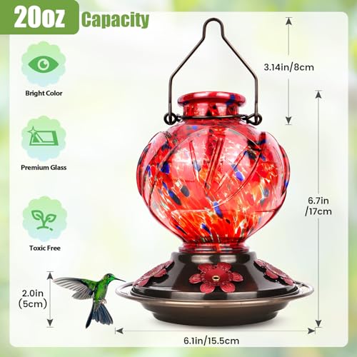 BOLITE Hummingbird Feeder, Hand Blown Glass Hummingbird Feeders for Outdoors Hanging, 22 Ounce, Five Feeding Ports with Perch, Peony Flower Shape, Red