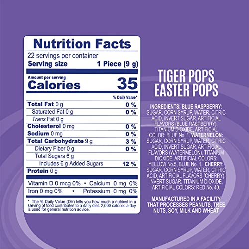 Colombina Tiger Pops Easter Jar, Watermelon, Blue Raspberry, and Cherry Flavors, Individually Wrapped Lollipops, Includes Easter Bunny, Egg, and Chick Shapes, 130 Count (Pack of 1)