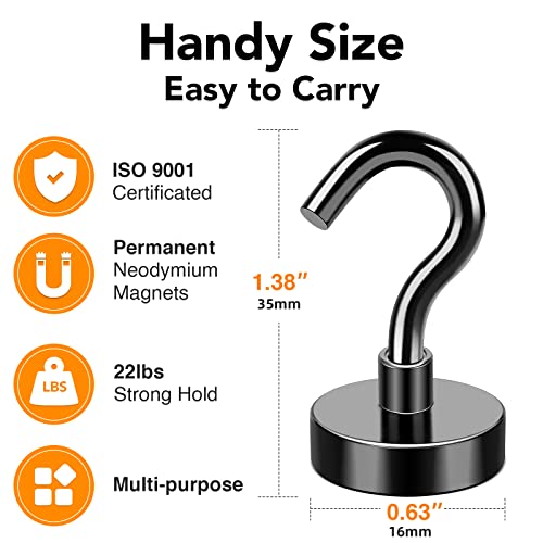 MIKEDE Magnetic Hooks, 25Lbs+ Black Heavy Duty Earth Magnets with Hook for Refrigerator, Strong Neodymium Magnetic Cruise Hooks for Hanging, Curtain, Grill and Kitchen - Pack of 4