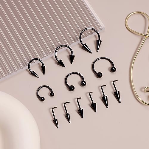 Vegolita 12PCS 316L Stainless Steel Long Spike Septum Nose Rings for Women Men Long Spike Nose Studs Horseshoe Nose Rings Cartilage Helix Tragus Hoop Earrings Nose Piercing Jewelry BS