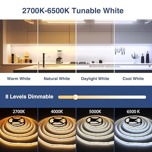 Ustarus White LED Strip Lights Dimmable 26ft 24V 3000K-6500K LED Tape Rope Light with Remote Flexible 2835 LED Ribbon for Kitchen Under Cabinet Bedroom Mirror Indoor Home Daylight Warm White