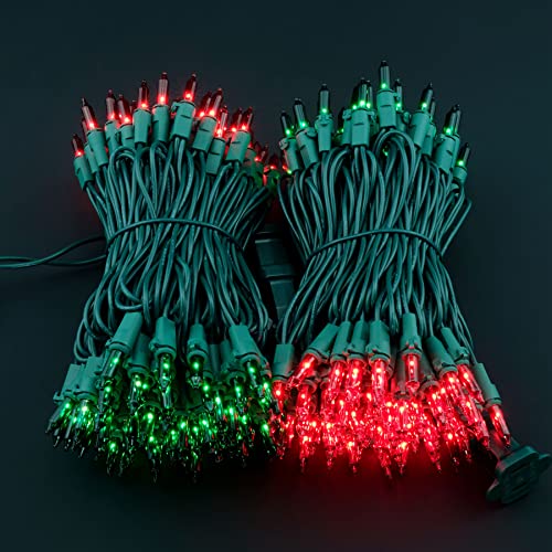YULETIME 200 Red Green Christmas Lights, Pack of 2 Sets 33 Feet 100 Count UL Certified Incandescent String Lights (Red & Green - Green Wire)