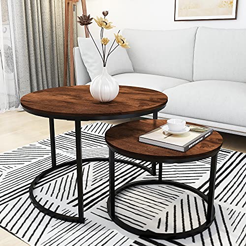 HOMERECOMMEND Round Coffee Table Set of 2 Modern Nesting Side End Table for Living Room,Round Wooden Coffee Table with Solid Powder-Coated Metal Frame, Rustic Brown/Black