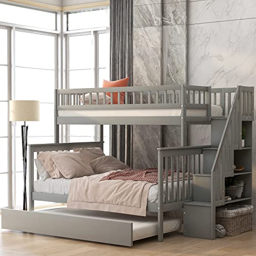 Harper & Bright Designs Bunk Beds Twin Over Full Size, Bunk Bed with Trundle,Storage Shelf and Stairway,Wood Bunk Beds with Full-Length Guard Rail for Kids and Teenagers,No Box Spring Needed, Grey