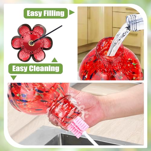 BOLITE Hummingbird Feeder, Hand Blown Glass Hummingbird Feeders for Outdoors Hanging, 22 Ounce, Five Feeding Ports with Perch, Peony Flower Shape, Red