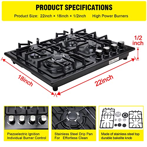 forimo Gas Cooktop 22Inch,Built in Gas Cooktop 4 Burners Stainless Steel Stove with NG/LPG Conversion Kit Thermocouple Protection and Easy to Clean