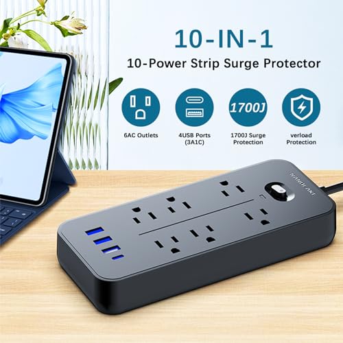 Power Strip Surge Protector with USB Ports (3A&1C),6FT Extension Cord, 6 AC Outlets, 1700 Joules Protection - Compact & Wall-Mountable, Ideal for Home, Office & Dorm (Bright Black)
