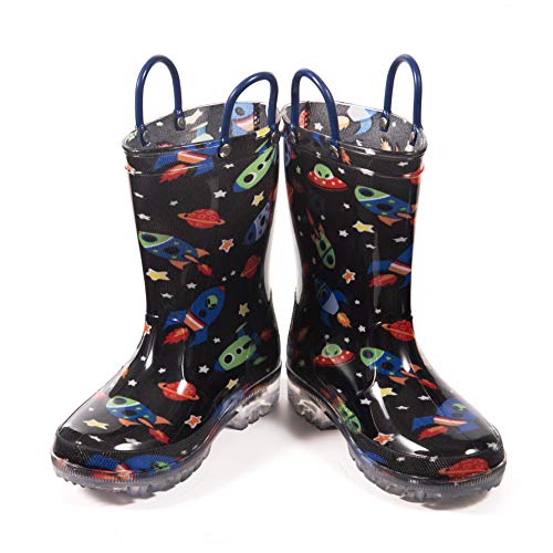 HugRain Toddler Boys Rain Boots Little Kids Baby child Light Up Waterproof Rubber Shoes Printed Mud Lightweight Adorable with Easy-On Handles Non Slip Sole Crane Excavator Blue Size 6