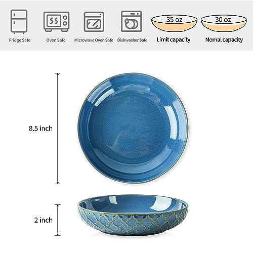 Sureasy Ceramic Pasta Bowls, 30oz Large Salad Bowl, 8.5 inch Embossed Serving Bowl for Kitchen, Wide and Shallow Plates Bowls Set of 4, Microwave, Oven and Dishwasher Safe, Gifts, Blue