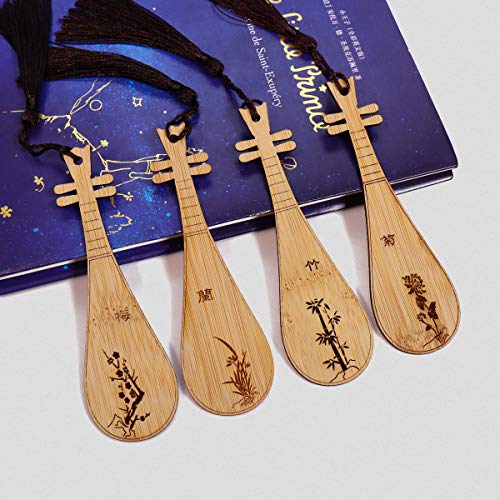Gdpaddy Handmade Natural Bamboo Bookmark with Beautiful Tassels,Vintage Style Bookmark is A Unique Gift for Teachers, Students, Men and Women - 4Pcs (Guqin)