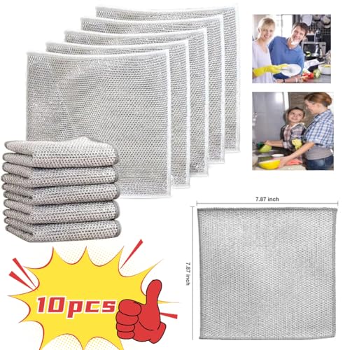 neogor Non-Scratch Wire Cleaning Dishwash Dishcloth, Kitchen Washcloths for Washing Dishes, Multipurpose Wire Dishwashing Rag for Wet and Dry(10PCS)(Double Layer), Silver