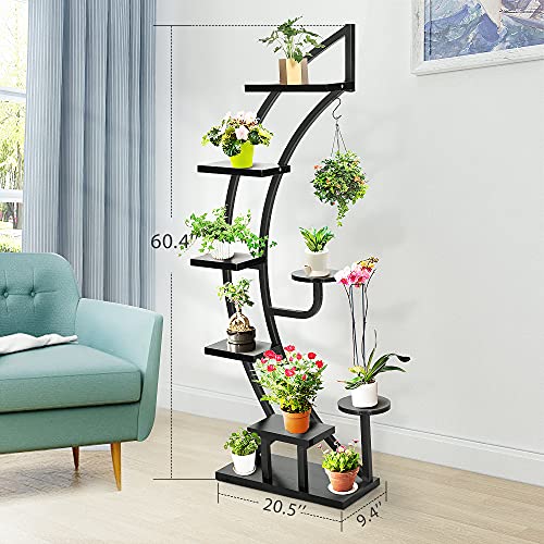 VIVOHOME 6 Tier 9 Potted Steel-Wood Plant Stand with Hanger, Curved Flower Pot Holder Shelf for Indoor, Black
