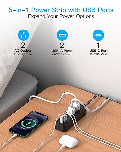 Cruise Essentials, USB C Travel Power Strip, Flat Plug Power Strip with 2 Outlets 3 USB Ports (1 USB C), Flat Extension Cord USB Charging Station, Non Surge Protector for Cruise, Travel, Home