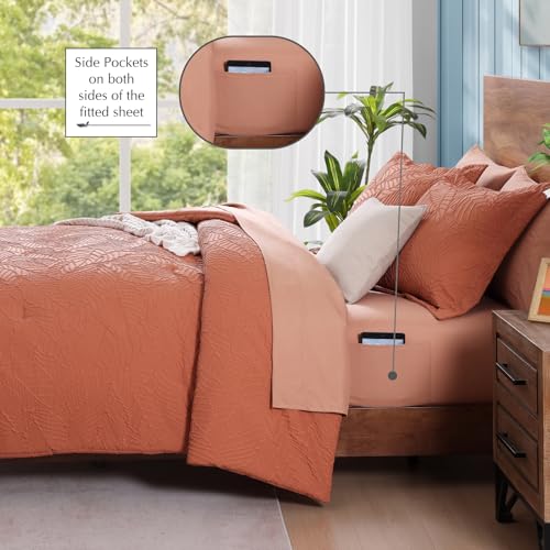 Geniospin Twin Comforter Set - 5 Pieces Burnt Orange Bedding Set, Botanical Textured Comforter Set, All Season Lightweight Bed in a Bag with Comforter, Sheets, Pillowcases & Shams