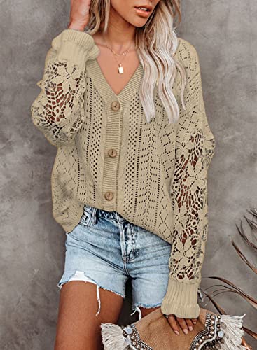 Dokotoo Casual Crochet Cable Knit Lace Cardigan for Women Ladies Sexy V Neck Button Down Long Sleeve Womens Tunic Hollow Out Lightweight Winter Clothes Tops Khaki S