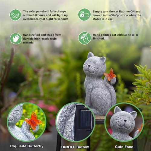 Qeeman Solar Garden Decor Cat Figurine: Sculpture for Outside and Home/Patio/Balcony/Yard Art Lawn Ornaments - Great House Warming Gifts for Women/Grandma