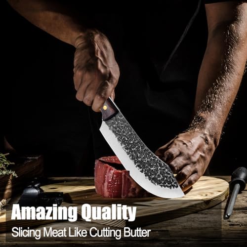 ROCOCO Butcher Knife for Meat Cutting Hand Forged 7" Sharp Full Tang Kitchen Meat Cleaver Cooking Knives for Home Outdoor Camping BBQ Christmas Father's Day Gift Idea Men