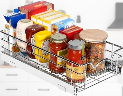 HOLD N’ STORAGE Heavy-Duty Premium Collection Pull Out Cabinet Organizer - Pantry Drawer Slide Out Caddy -Lifetime Limited Warranty - Basket Size 11" W x 21" D x 5" H, Anti-Rust Chrome Finish