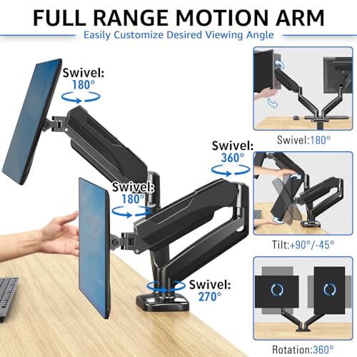 MOUNTUP Dual Monitor Stand for Desk, Adjustable Gas Spring Double Monitor Mount Holds 4.4-17.6 lbs and 13-32 Inch Screens, Monitor Arms for 2 Monitors, VESA 75x75 100x100 with C-clamp& Grommet, Black