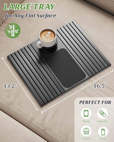 BS-VOG Couch Cup Holder, Couch Arm Tray with 360° Rotating Drink Holder, Foldable Anti-Slip Couch Arm Table, Sofa Armrest Tray Clip on Wide Couches for Eating, Snacks, Remote (Gray)