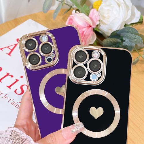 Bonoma Magnetic Case for iPhone 15 Pro Max Compatible with MagSafe, Cute Love Heart Luxury Plating Back Cover with Edge Elegant Aesthetic Hearts Pattern Phone Case-Black