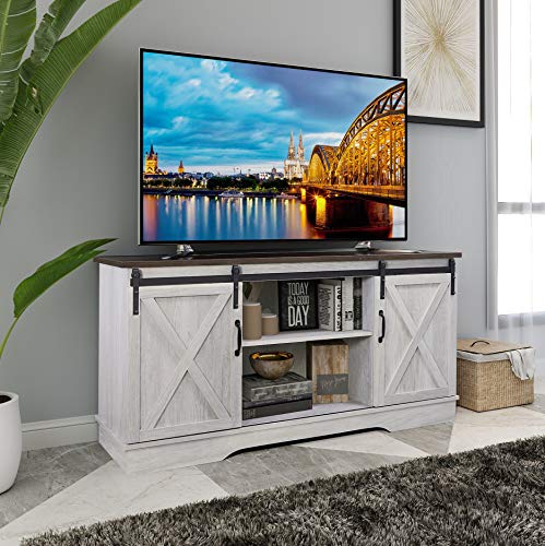 Rainbow Sophia TV Stand, Storage Cabinet with Sliding Barn Doors and Adjustable Shelves, Modern 28”H, Sargent Oak