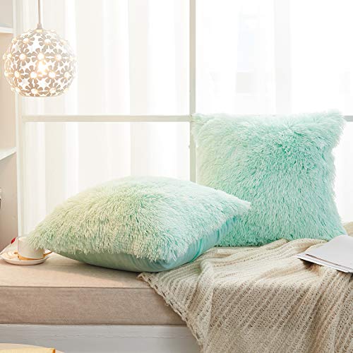 JAUXIO Long Faux Fur Soft Soild Decorative Pillowcase Fluffy Throw Pillow Cover Velvet Shaggy Plush Cushion Case Set of 2 Zipper Closure King Size (20X36 Inches Light Grey)