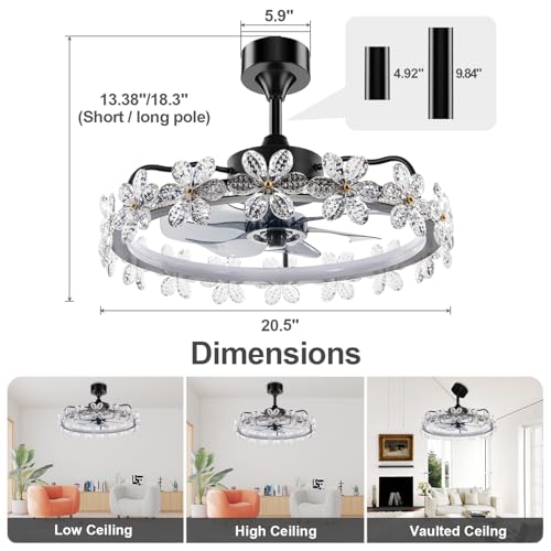 STROLITE Fandelier Ceiling Fans with Lights and Remote, 20.5'' Crystal Flower Bedroom Ceiling Fan, 3 Colors, 6 Speeds, Dimmable LED Light, Chandelier Ceiling Fan for Kitchen (Crystal Flower)