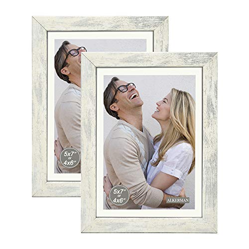 Alkerman 5x7 Picture Frames (pack of 2),Display Pictures 4x6 with Mat or 5x7 Without Mat, Rustic White Wood Pattern High Definition Glass for Table Top Display and Wall Mounting Photo Frame