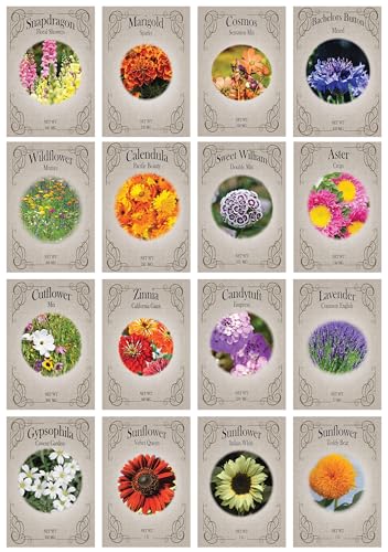 Valley Greene Set of 16 Heirloom Flower Seeds - Non-GMO - 16 Varieties - Assorted Flower Seeds - Individually Sealed Packs