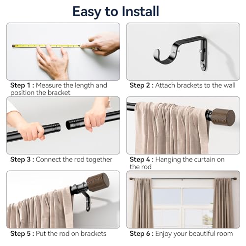 Heavy Duty Curtain Rods for Windows 32 to 56 Inches, 1 Inch Diameter Curtain Rod Set with Easy Installation, Adjustable Length Drapery Rods with Wood Finials (Black)